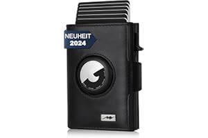 Marc Peter® Chicago skórzany portfel Push Air Slim – Airtag portfel z kieszenią na monety – ochrona RFID, mały mini portfel skórzany, czarny, MINI MÜNZFACH MIT AIRTAG FACH, Classic