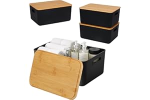 Relaxdays Aufbewahrungsbox, 2er Set, mit Deckel, Kunststoff & Bambus, mit Griffen, Organizer, HBT: 16x36x25 cm, schwarz