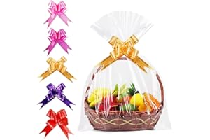 LUNZA Sacchetti di Cellophane Grandi, 5 Pezzi Grande Pellicola Regalo in Cellophane Trasparente 100 x 70 cm, Carta Trasparente per Confezioni con 5 Fiocchi per Fiori, Cesti regalo, Artigianato, Confezione