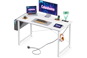 Coleshome Escritorio Pequeño, 100x48cm Mesa Ordenador Blanco con con 2 Tomas de Corriente y 2 Puertos USB de Carga, Mesa de Oficina con Soporte para Auriculares y Bolsa de Almacenaje para Casa