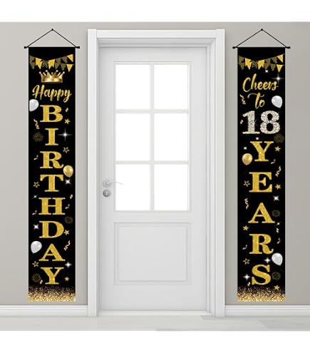 18. Geburtstag Türbanner – Schwarz & Gold, 180 X 30 Cm, Mit Spruch „Cheers To 18 Years“, Inkl. Aufhängestange