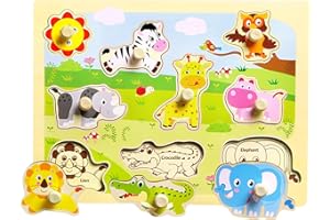 Simsky Puzzle Legno Bambini 1 Anno, 9 Pezzi Puzzle Animali con Maniglie per Giochi Montessori 1 Anno, Giocattoli Puzzle Legno Bambini - Regalo per Puzzle Bambini 1 Anno e 2 Anni