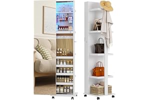Gurexl 360° Rotating LED Jewelry Armoire, Full Length Mirror with Jewelry Storage Rear Storage Shelves, Floor Standing 3 Color Dimmable Mirror Jewelry Organizer with 4 Lockable Wheels (White)