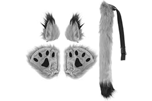 HonGien Cosplay Set, Wolf Fox Ears Hair Clip & Tail Faux Fur Fox, Plush Claw Gloves, Cosplay Costume Set for Children Adult Halloween Christmas Party