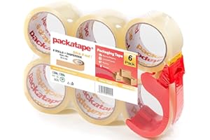 Packatape Packing Tape with Dispenser 6 Rolls Per Pack Clear Packaging Tape for Parcels and Boxes. Heavy Duty Clear Packing Tape Provides Strong, Secure and Sticky Seal for Boxes