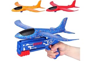 BubPen Shoot-A-Plane, Airplane Launcher Toy with Stickers, Foam Throwing Glider, Catapult Gun, Kids Play, Flying Gadget, Fun Outdoor Toy (3 Planes With Gun)