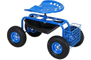 COSTWAY Asiento de Jardín con Ruedas, Taburete Móvil de Trabajo de Jardinería con Altura Ajustable y Asiento Giratorio de 360°, Cesta de Almacenamiento, Carro de Trabajo para Césped, Patio (Azul)