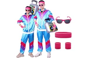 Ficlwigkis 80er 90er Jahre Outfit Herren Damen,6Pcs Blau Karneval Kostüm Trainingsanzug Retro Anzug mit Stirnband Armbänder Brille für Karneval