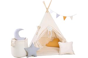 GOLDEN KIDS Kinder Teepee Tipi Set für Kinder Spielzeug drinnen draußen Spielzelt Zelt 8 Elemente dabei Tipi-Set Indianer Indianertipi mit Fenster usw. (mit Zubehör, Beiger Wolf)