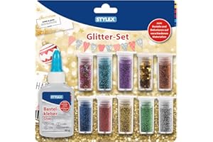 ‎STYLEX Stylex 23386 - Glitter-Set, 11 teilig, mit 8 Döschen Glitterpulver, 2 Döschen Streudeko und 1 Flasche Bastelkleber, zum Basteln und Dekorieren, Mehrfarbig