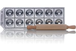 RISOLI' | RAVIOLCASA, Stampo per Ravioli per Realizzare 12 Ravioli, in Alluminio Pressofuso Riciclato, Incluso Mattarello in Legno, Made in Italy