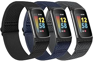 SOiiKE 3 Pièces Bracelet Compatibles avec Fitbit Charge 6/Charge 5, Bracelet de Remplacement Élastique Souple et Réglable Sport en Nylon pour Femmes Hommes
