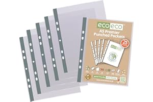 eco-eco A5 100% Recycled Premier Multi Punched Pockets Glass Clear, Transparent Poly Wallet Sheet Protector, 90 Microns (Pack of 25)