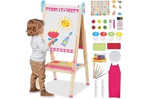 NUKIED Kids Wooden Easel Double Sided Art Easel with 100+ Pcs Accessories Whiteboard Chalkboard Height Adjustable 95-125cm(37-48.5in) Standing Foldable Drawing Board with Letters Numbers for Toddlers Kids