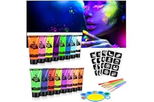AOOWU Zestaw do malowania ciała UV, 16 kolorów, makijaż dla dzieci, brokat, czarne światło, farba do twarzy i ciała, farba UV do makijażu na karnawał