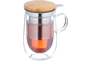 Relaxdays teglas, med rostfritt stålsil, bambulock, transparent/natur