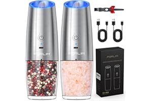 FORLIM Electric Salt and Pepper Grinder Set, USB Rechargeable, 6 oz Capacity, One-Handed Operation, Adjustable Coarseness, Gravity Automatic Grinding, Stainless Steel, 2 Pack (Silver)