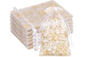G2PLUS White Christmas Organza Bags, 10x15CM Organza Bags with Gold Snowflake, Medium Xmas Gift Pouches for Presents, Reindeer Food, Christmas, Advent Calendars, 50 PCS