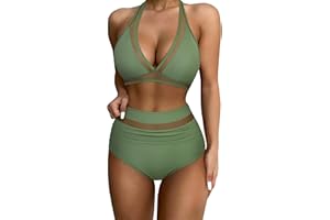 OMKAGI Women Sexy Halter Mesh V Neck 2 Piece Swimsuit High Waisted Bikini Set Ruched Tummy Control Swimwear