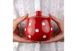 City to Cottage | Sucrier Pot de sucre | rouge à pois blancs en céramique avec couvercle fait et peint à la main