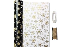 FullJoyHut 43cm x 15M Rouleaux de Papier Cadeau de Noël Noir, Or et Blanc Réversible - Flocons de Neige Recyclables avec Corde et Ruban pour l'Emballage des Cadeaux de Noël