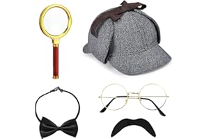 HEAWAA 5Pcs Accesorios de Disfraz de Detective, Accesorios para Disfraz de Sherlock Holmes con Sombrero de Detective Gafas de Bigote Falso Lupa Pajarita Detective para Cosplay