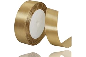 ALOHOVME Ruban Satin Or Champagne 25mm, 23 mètres Rubans de Tissu Couture Ruban Cadeau pour Décoration de Mariage, Emballage cadeau, Bouquet de fleurs, Artisanat DIY, Décoration gâteau d'anniversaire et Noël