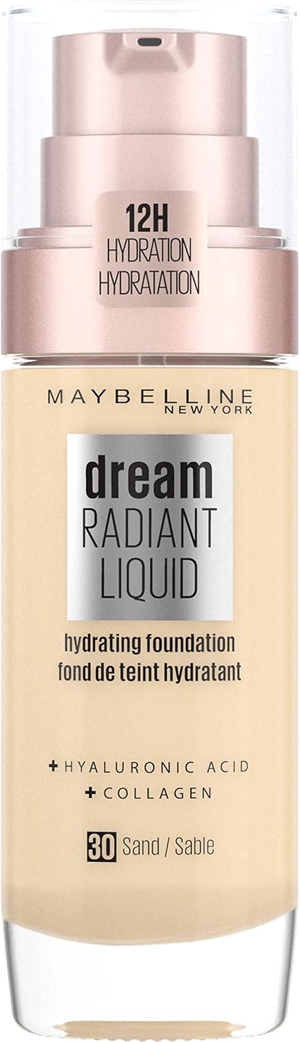 Maybelline Foundation, Dream Radiant Liquid Hydrating Foundation with Hyaluronic Acid and Collagen - Lightweight, Medium Coverage Up to 12 Hour Hydration, 30 Sand