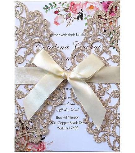 KUCHYNEE Lot De 20 Cartes D'Invitation De Mariage Découpées Au Laser Paillettes Or Avec Enveloppes, RSVP Et Noeuds Papillon - Élégant Kit Complet