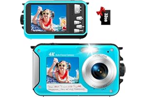 Yixinxin Underwater Digital Camera 4K 16FT Waterproof with 32GB Card 56MP Autofocus Dual-Screen Selfie for Snorkeling