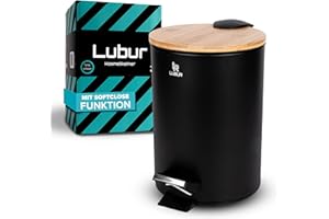 Lubur Kosmetikeimer 3L - Praktischer Badmülleimer mit Bambusdeckel - Kleiner Mülleimer für Bad & WC - Rutschfester Hygieneeimer - Schwarzer Kosmetikmülleimer mit Softclose Absenkautomatik