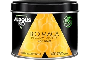 ALDOUS BIO Extrait de Maca Bio - Dose 4850mg - 400 Comprimés - Hautement Concentrée - Maca Peruana - 100 jours - Poudre de Maca Root - Augmente l'Énergie et la Vitalité - Régulateur Hormonal - Certification Bio