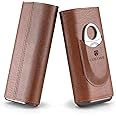 GUSTAVE® Leather Cigar Case with Cedar Wood Lining Travel Cigars Case and Stainless Steel Cigar Cutter, Cigar Gift Set for Man Holds Up to 3 Cigars, Cigars Not Included (Brown)