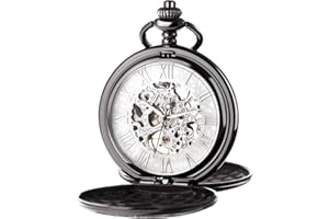 TREEWETO Men's Mechanical Skeleton Pocket Watch for Mens Women Blue Roman Numerals Dial Double Case Pocket Watches