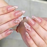 24Pcs Flower Press on Nails Almond - Medium French Tip Fake Nails with Embossed 3D Flower&Gold Edged Pearl Designs, Glossy Fi