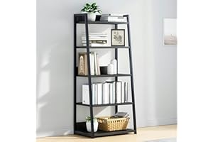 IOTXY Schwarz 5-Regalböden Offenes Bücherregal - Metall-Holz-Bücherständer-Regal, Leiter-bücherbord, Open Shelf Bookcase, Bookshelf