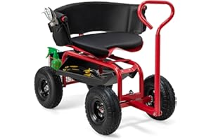 GOPLUS Carro de jardín rodante con asa, Asiento de Trabajo Giratorio Regulable en Altura con Respaldo, Carro de jardinería con Espacio de Almacenamiento, Carga máx 135 kg