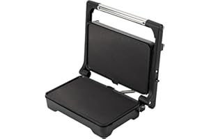 JATA JEGR1183 - Grill de asar doble 1500 W | Parrilla eléctrica con apertura 180° y tapa basculante | Termostato regulable | Placas lisas antiadherentes 26 x 16,5 cm libres de PFOA | Cocina sana