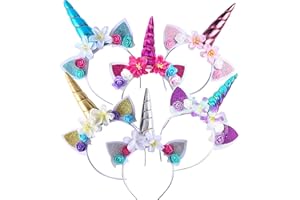 JOKILY 6 Piezas de Diadema unicornio mujer, Diademas de unicornio con flores, Accesorios para el pelo y orejas de cuerno de unicornio, para Decoración Cosplay Party Supplies Party