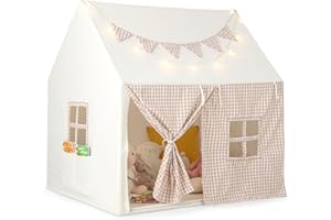 COSTWAY Namiot dziecięcy do wnętrz, domek do zabawy z matą i lampkami, namiot do zabawy z banerem flagowym i oknami, namiot do zabawy dla chłopców i dziewczynek od 3 lat (beżowy)