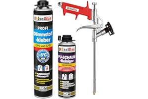 Isolbau B2 Dämmstoffkleber SET - 1 x 750 ml Perimeterkleber, 1 x PU-Schaum-Reiniger & 1x Schaumpistole für EPS & XPS-Platten - 1K PU-Klebeschaum für Fixieren und Isolieren