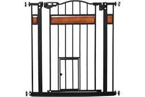 PawHut Cancelletto per Cani di Taglia Media e Piccola con Chiusura Automatica, Cancello per Cani in Acciaio, Legno di Pino e Plastica, 74-80x76.2 cm, Nero