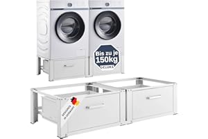 DELUKE® Waschmaschinen Untergestell doppelt SION - mit Schublade, 127x54cm Universal | Doppeluntergestell Waschmaschinen Unterschrank Waschmaschinen Sockel Trockner Untergestell bis je 150 kg | Weiß