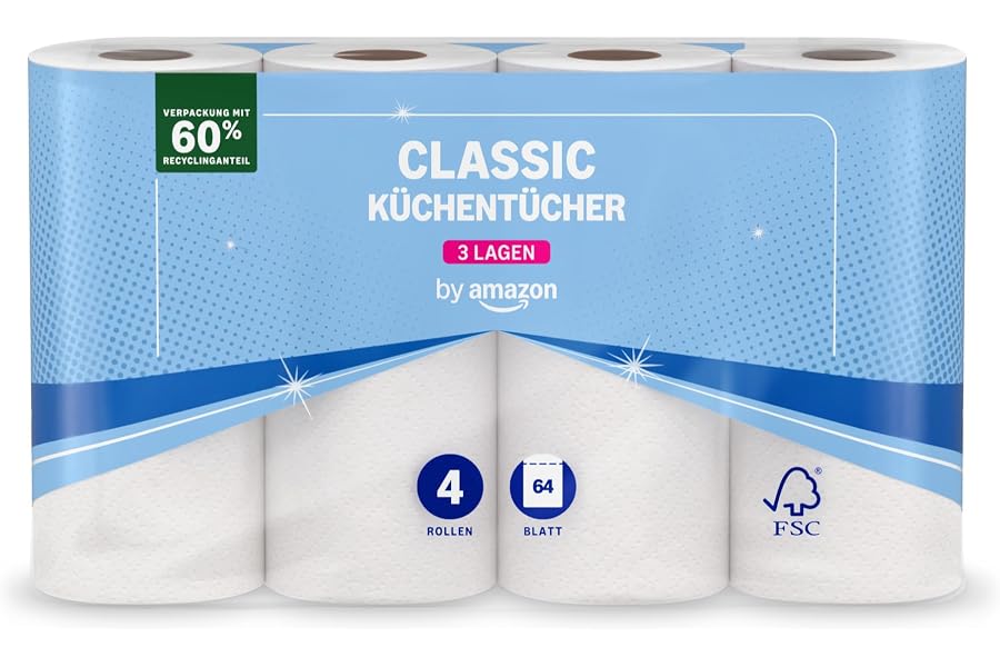 by Amazon Küchenrolle, 3-lagig, 4 Rollen (4 Rollen, 1-er Pack), 64 Blätter pro Rolle, FSC-Zertifiziert