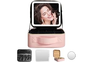 WITFAMILY Travel Makeup Bag with 3 Setting Adjustable LED Mirror, Portable Vanity case with Adjustable Compartment,10x Mirror, Jewelry Box, Brush Storage, Pink