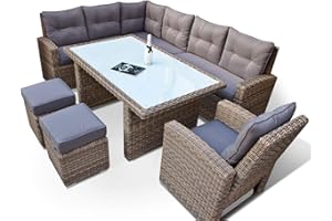 RAGNARÖK-MÖBELDESIGN hohe Dining Lounge - DEUTSCHE Hersteller - 8 Jahre GARANTIE - EIGENE Produktion - PolyRattan Gartenmöbel Essgruppe Sessel Naturfarben Rundrattan Grau