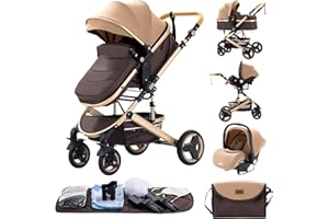 GLOKID Poussette 3 en 1, Poussettes Combinée Portable Pliant en Un Clic，Poussette Canne Poignée Réglable en Hauteur, Poussettes Combinée Paysage Haut Cadre en Aluminium (530 KAKI)