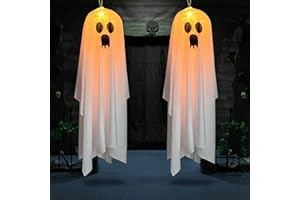 VICTERR Halloween Decorazioni Fantasma, 2 Pezzi Fantasma Appeso di Halloween con Luce a LED, 90CM Luminoso Fantasma Horror Luci per Esterno, Interno, Giardino, Casa