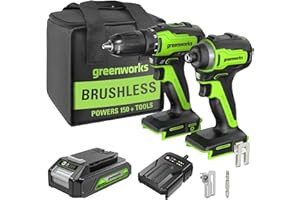 Greenworks 24V Kit combiné visseuse à chocs 200Nm et perceuse 35Nm, avec batterie 2Ah et chargeur