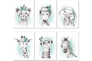 artpin® Juego de 6 imágenes para habitación de los niños, niñas, en menta, gris, pluma, póster de bosque, selva, habitación de bebé, animales indios, P62